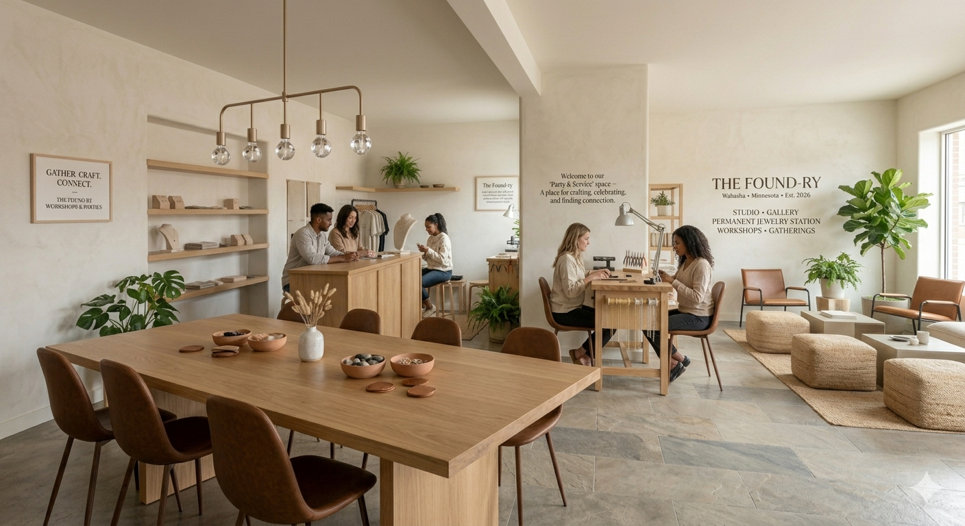 The Found-ry studio gathering space with permanent jewelry station, communal table, lounge seating and Gather Craft Connect signage