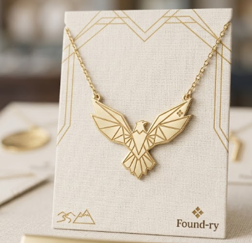 The Geometric Eagle Pendant — art deco-inspired bald eagle on The Found-ry branded card
