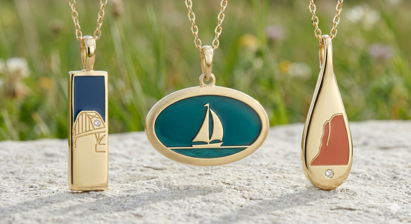 Driftless town pendants — Navy Bridge Bar, Teal Sailboat Oval, and Bluff Teardrop on limestone