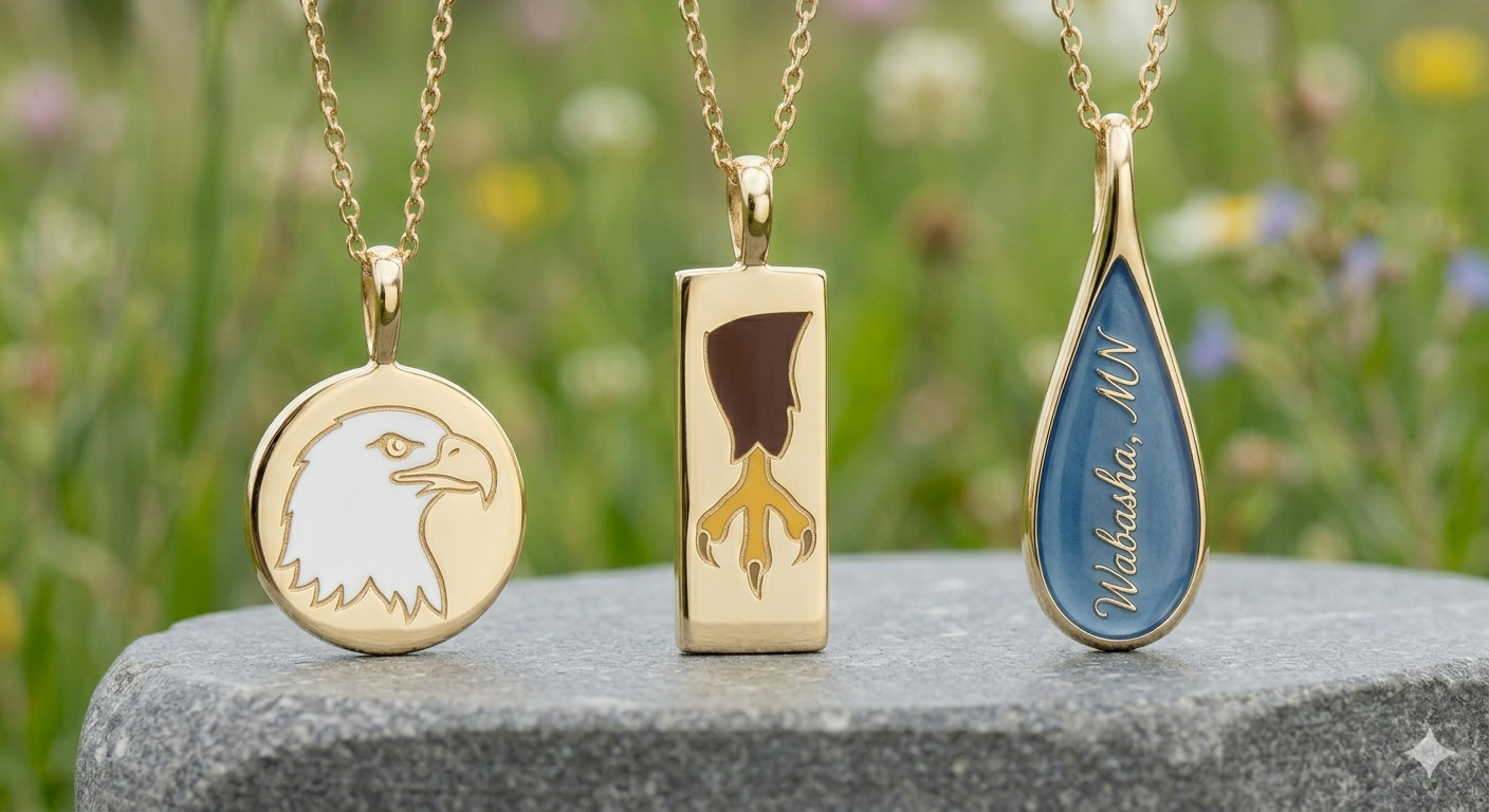Eagle Bluff collection — disc, bar, and teardrop pendants on limestone with wildflower meadow background