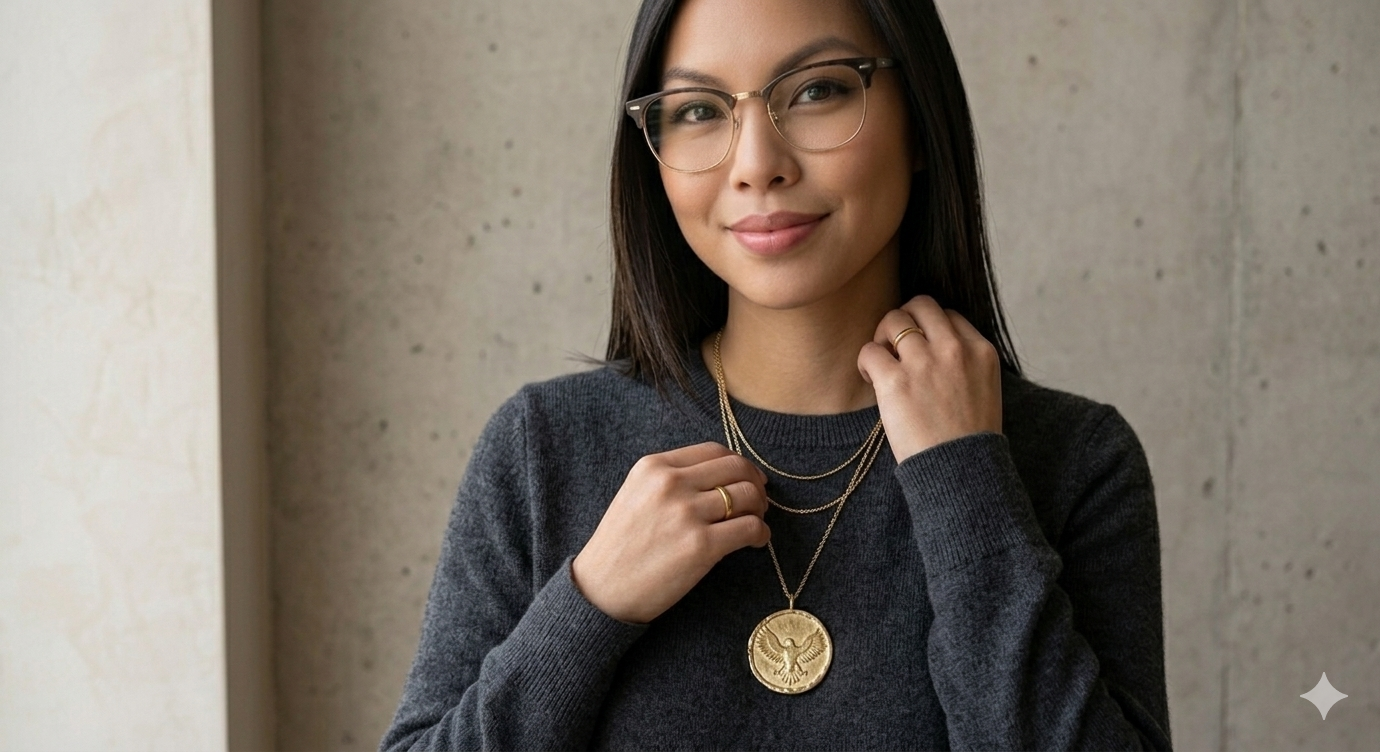 The Found-ry founder wearing eagle medallion pendant