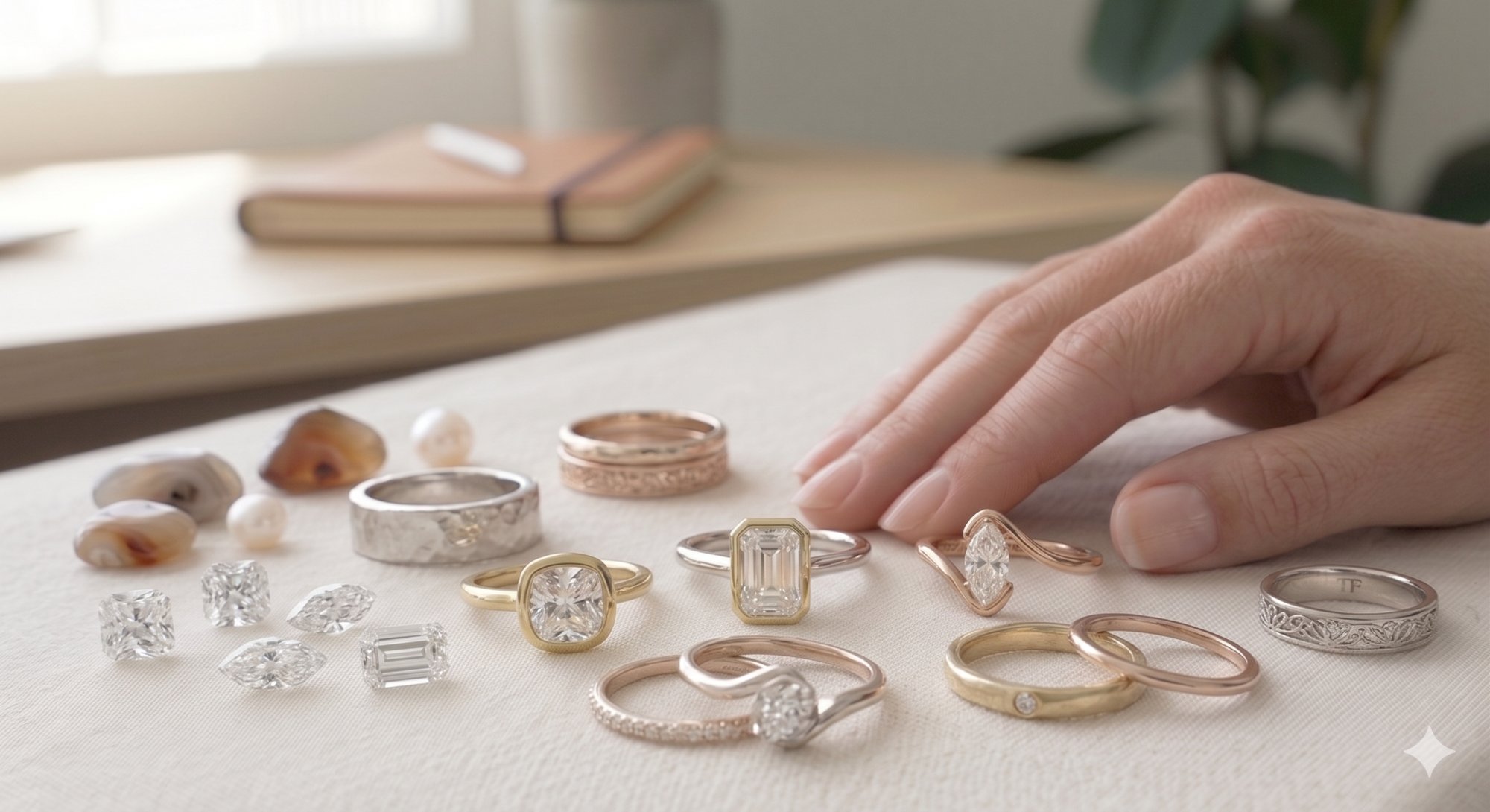 Classics collection — bridal rings, loose stones, and bands on linen