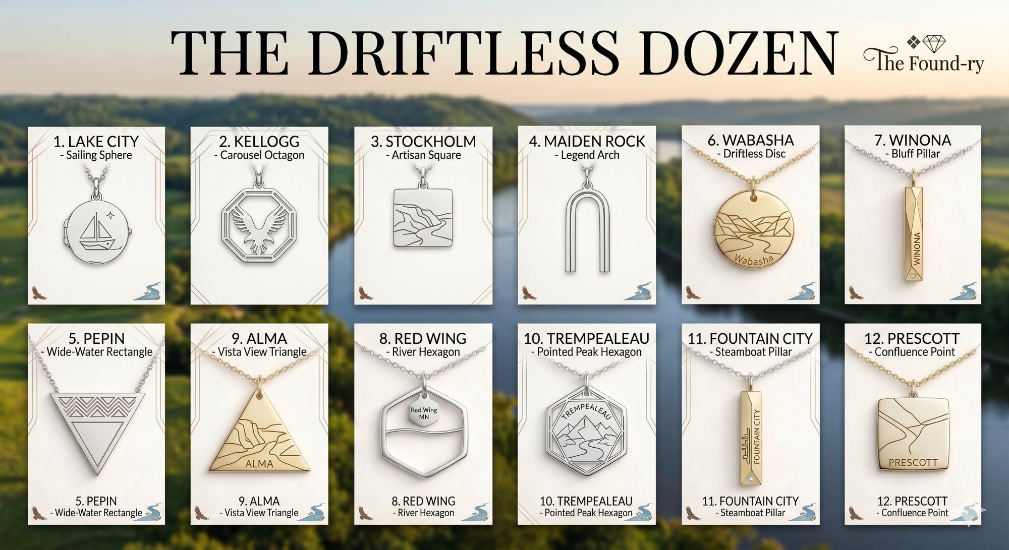 The Driftless Dozen — 12 hand-designed town pendants for SE Minnesota and western Wisconsin
