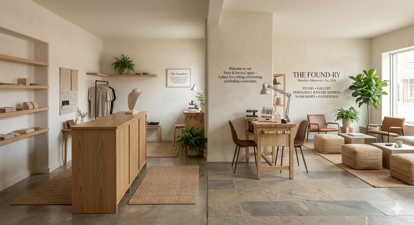 The Found-ry studio space showing full layout with counter, apparel rack, permanent jewelry workstation, lounge area, and THE FOUND-RY Wabasha wall text