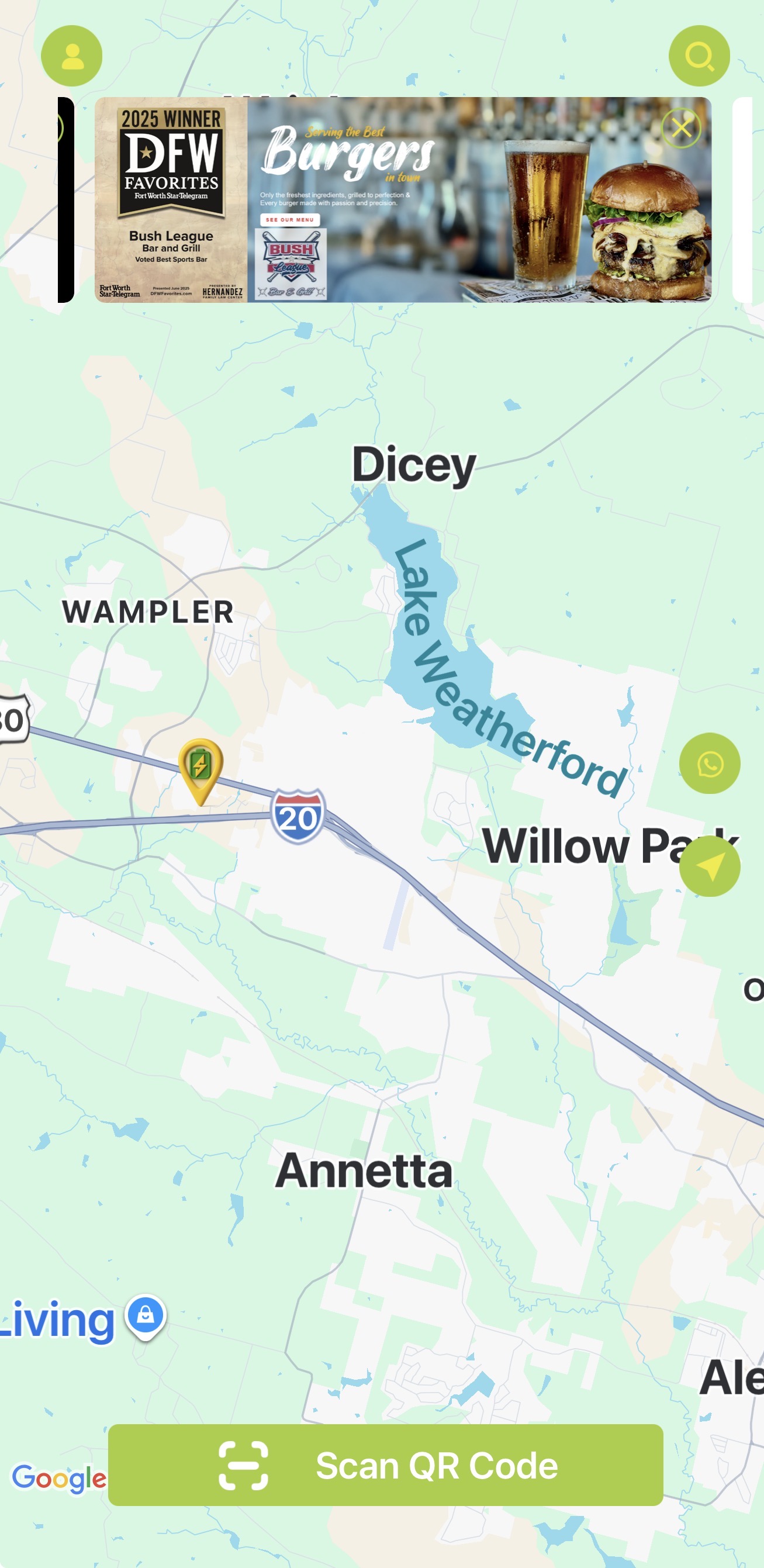 Socket2U app map showing venue banner ad