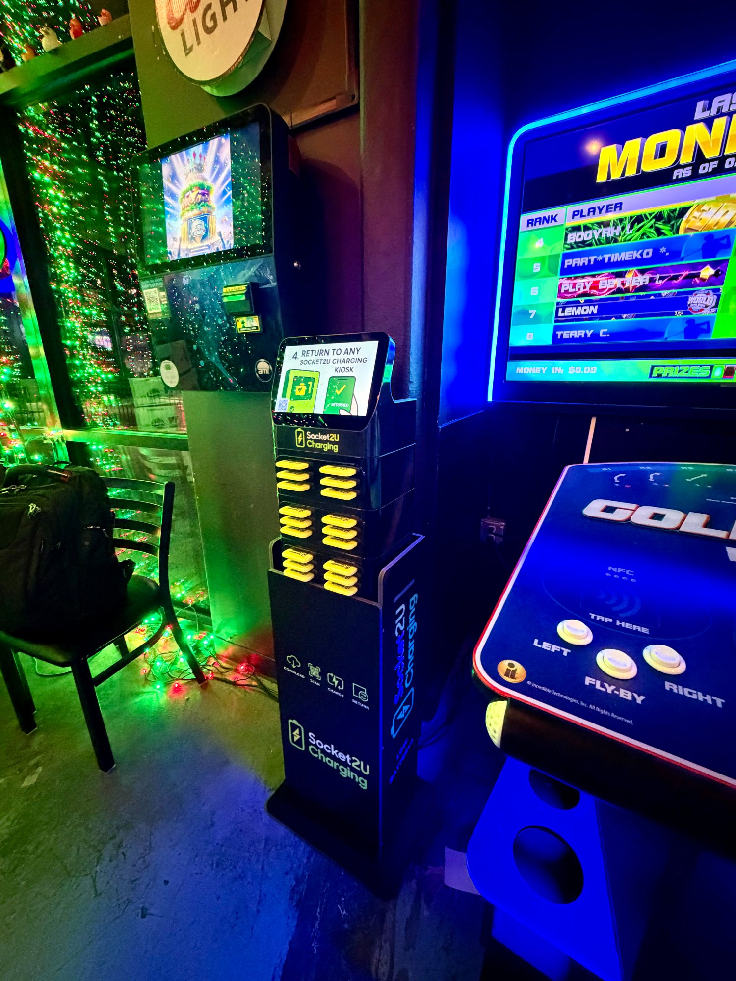 Socket2U kiosk deployed in an arcade bar venue