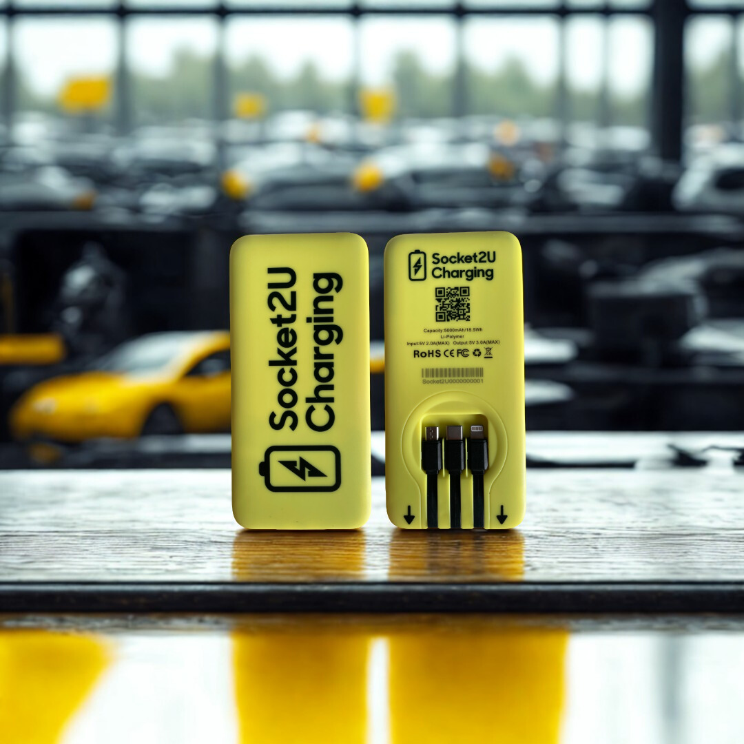 Socket2U portable battery pack front and back with cables