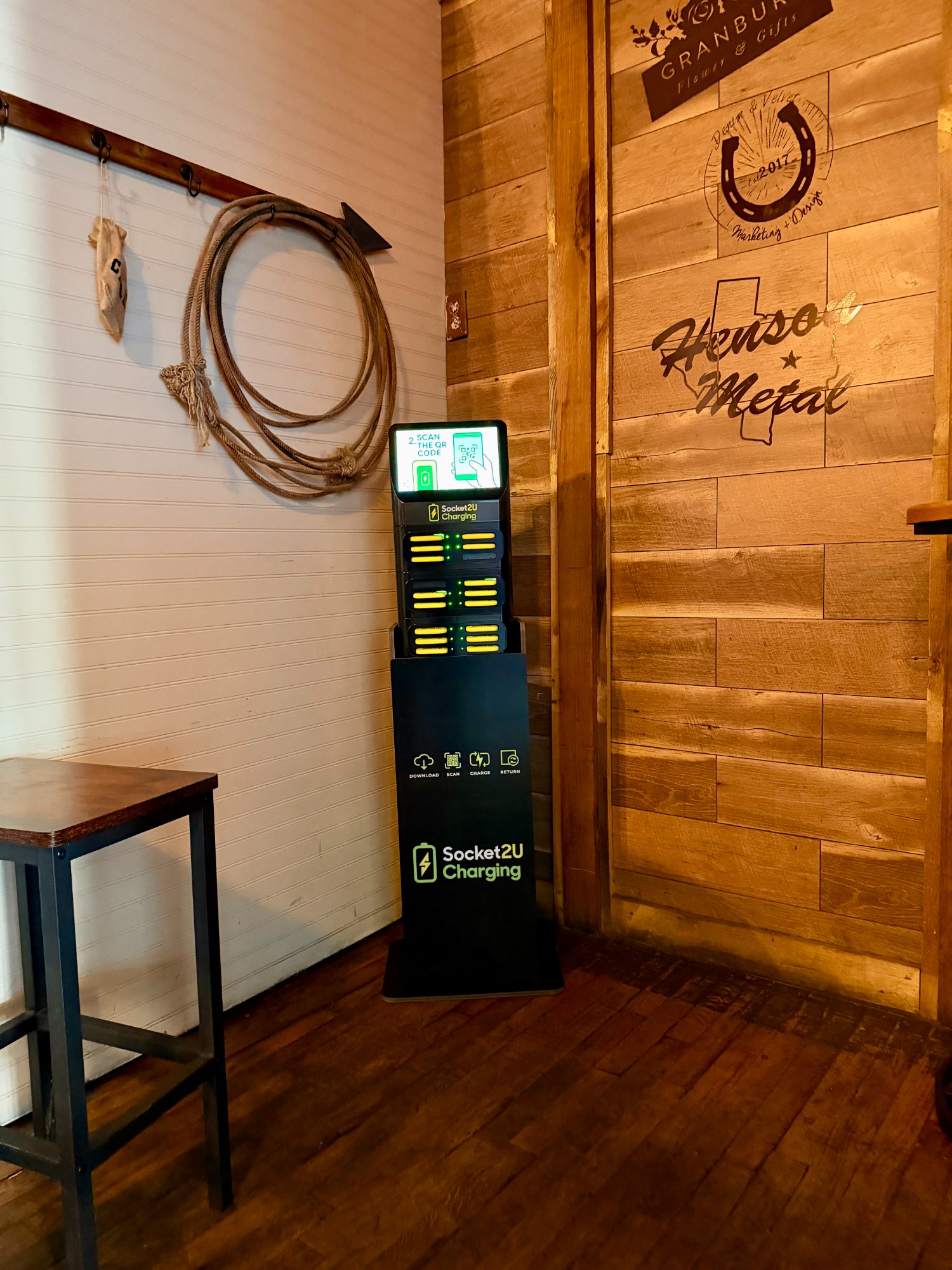 Socket2U kiosk deployed in a rustic venue