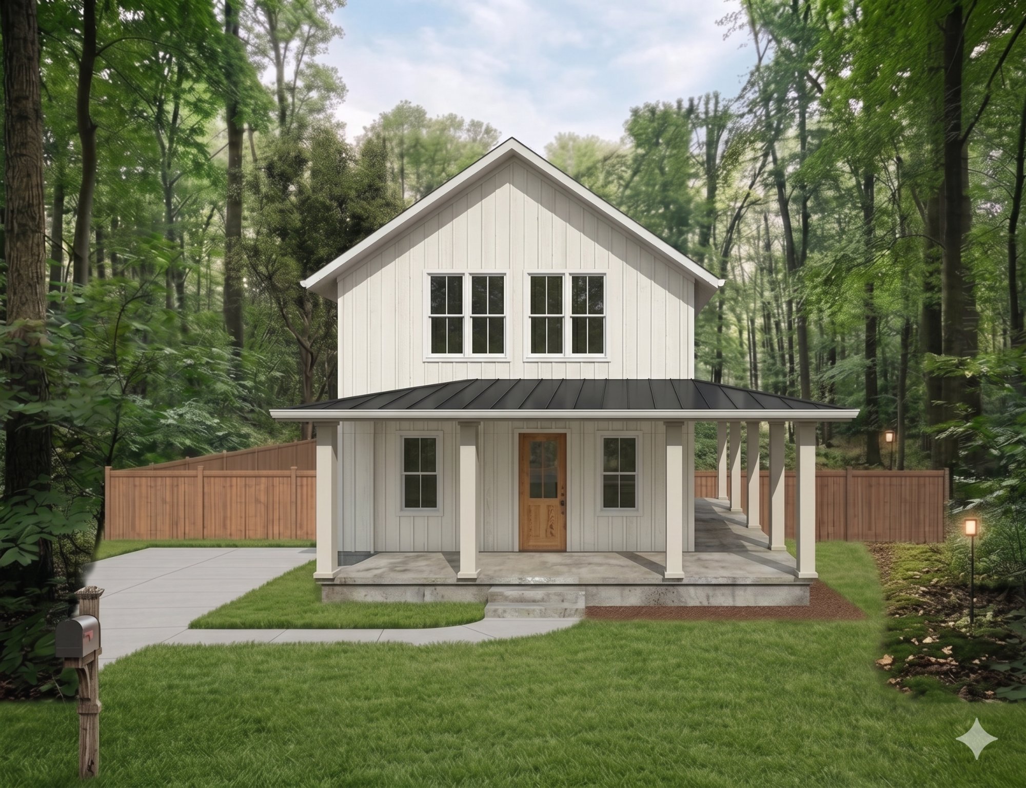 Finka Traditional home render — front view with wraparound porch and standing-seam metal roof