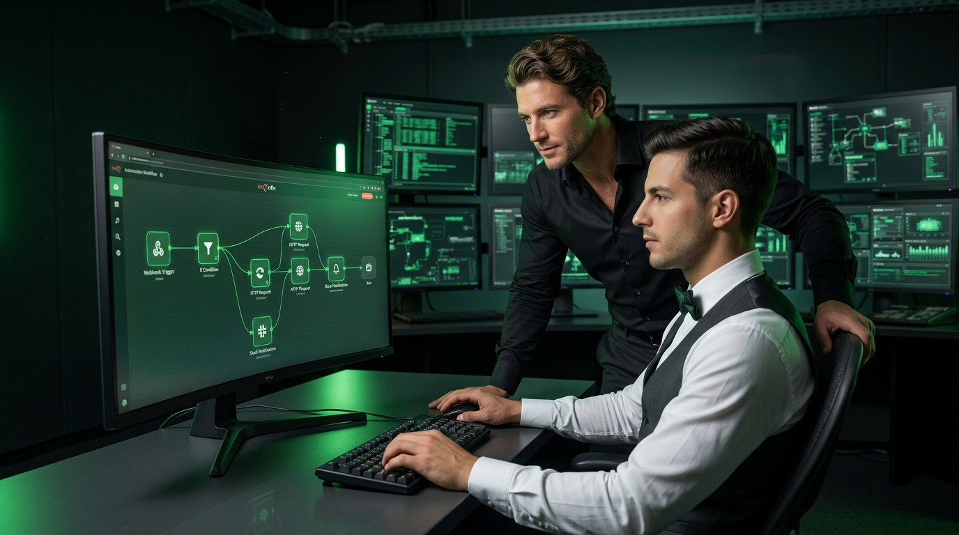 Sebastian guiding a workflow build — Webhook Trigger, IF Condition, HTTP Request, Slack