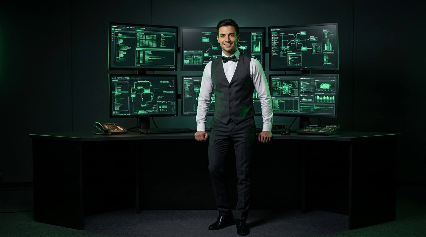 Junior butler at desk building workflow