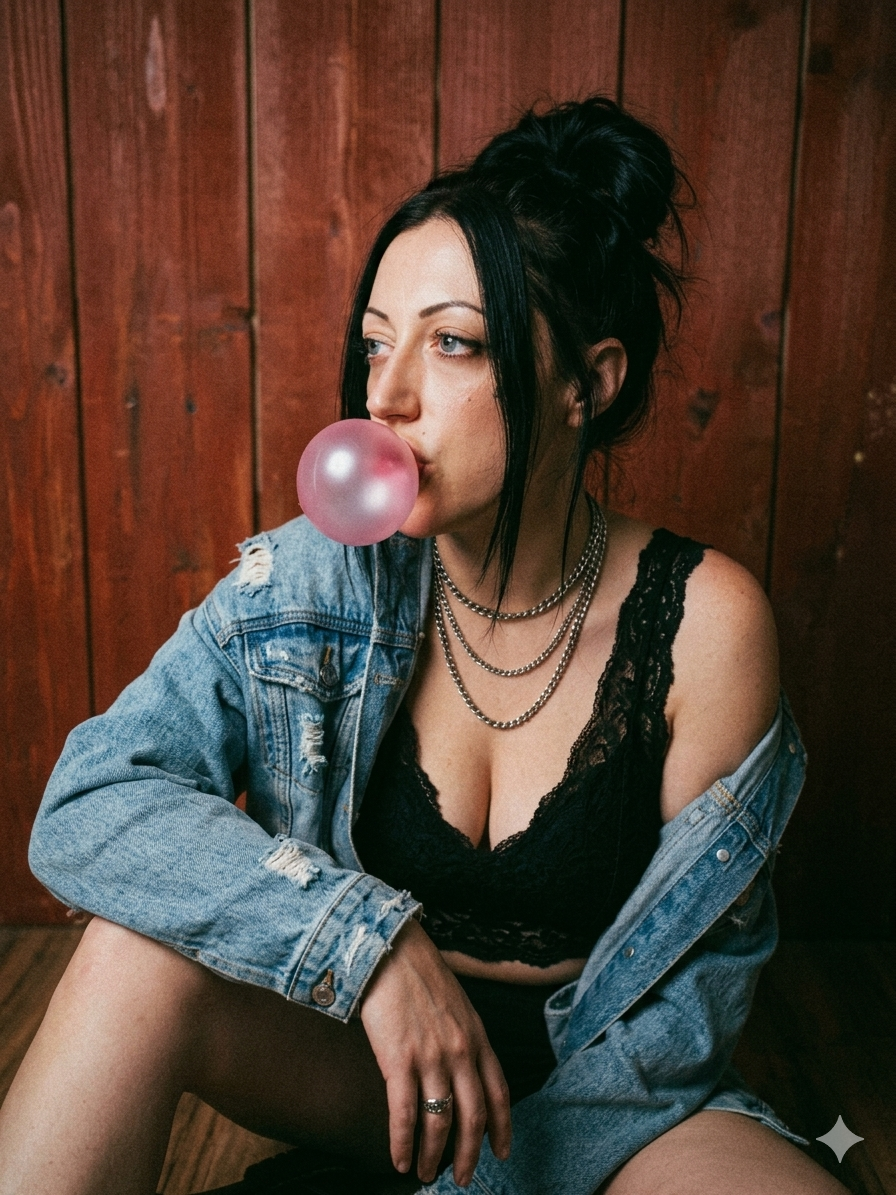 Samantha Oyler — Maternal Menace founder, denim jacket, bubblegum