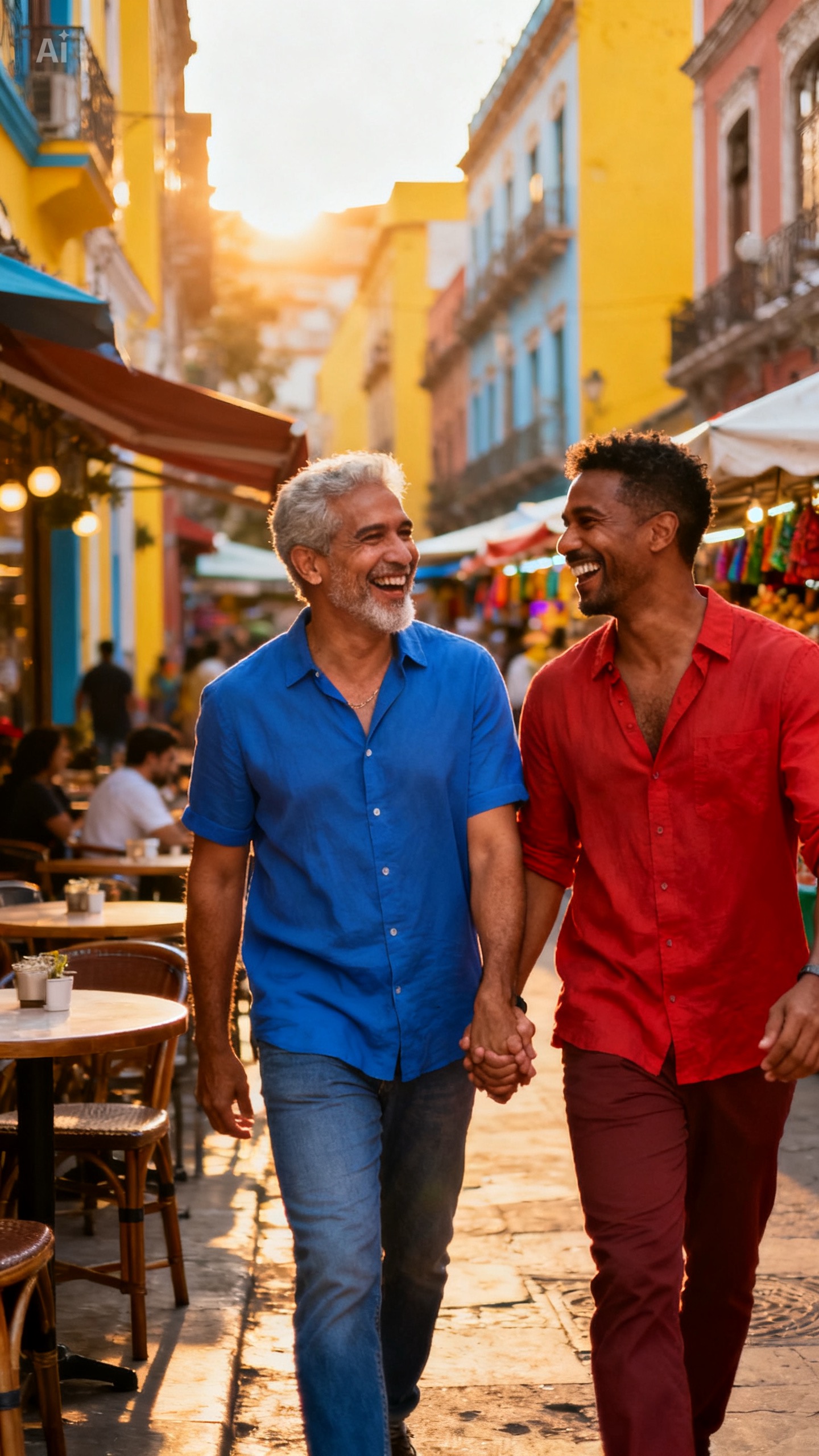 Golden-hour street scene at a vibrant LGBTQ+ destination
