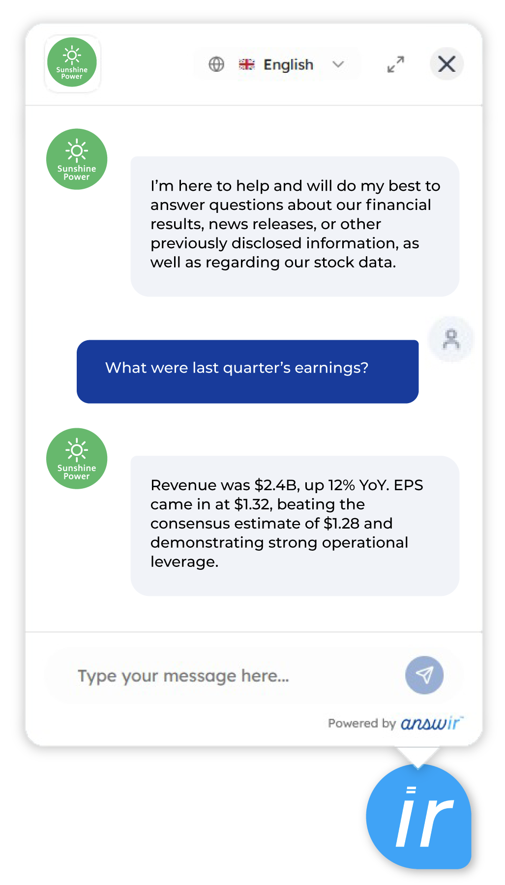 Answir AI Chat Widget — investor Q&A in action