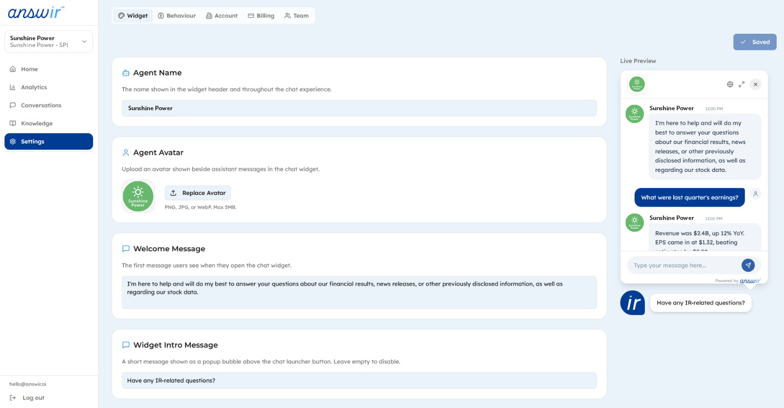 Answir platform settings dashboard with live preview
