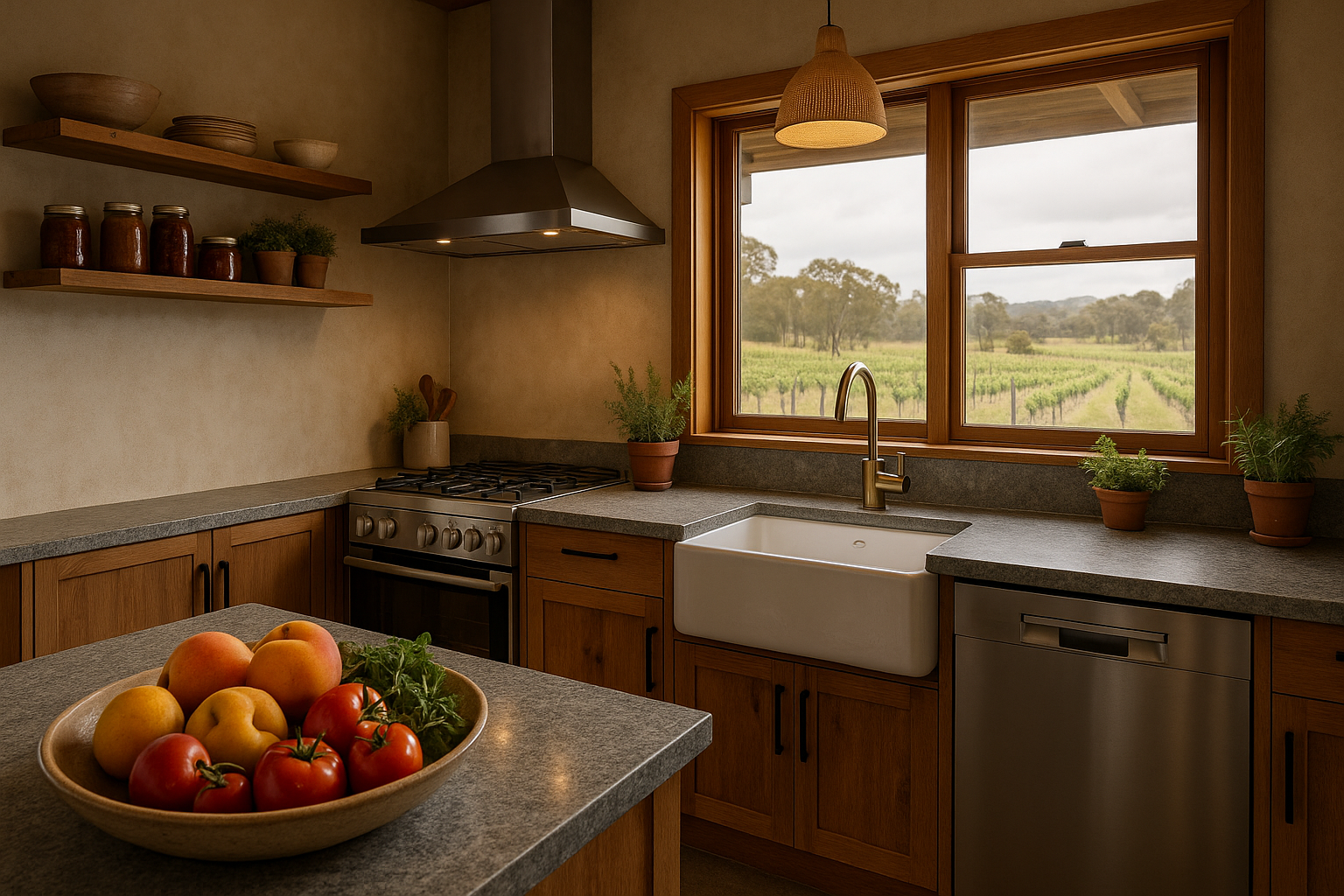 Grevillea Cottage fully-equipped kitchen — stone benchtops, quality appliances, local produce, vineyard view through window