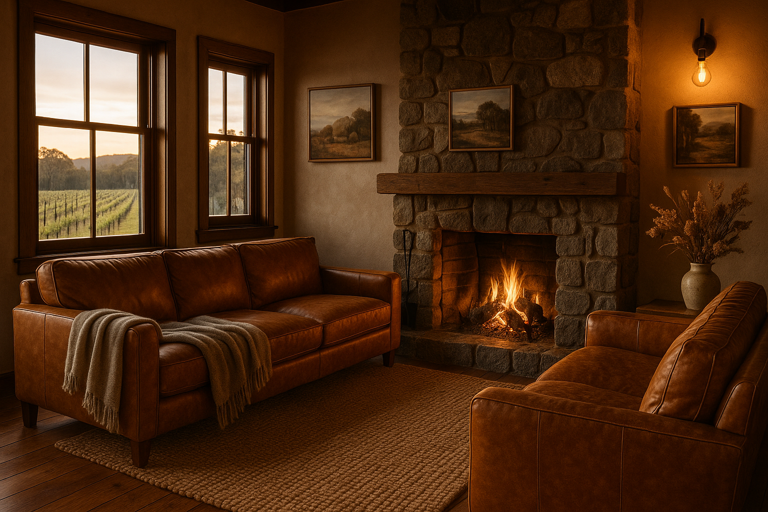 Grevillea Cottage interior living area — stone fireplace, leather sofa, local artworks, warm premium rustic atmosphere