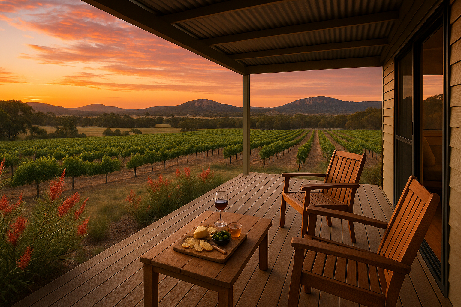 Grevillea Cottage private verandah — wine glass and cheese board, panoramic vineyard views, Granite Belt sunset