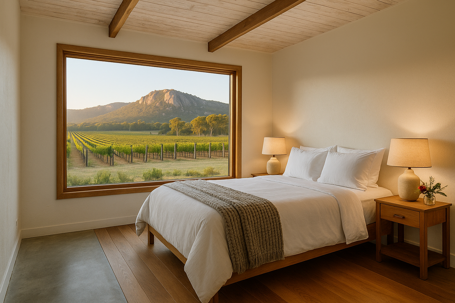 Grevillea Cottage master bedroom — queen bed with quality linen, garden and vineyard views through window, natural light