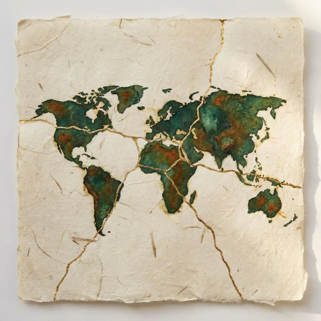 Carte des grands terroirs du thé — tracés Kintsugi reliant les origines sélectionnées par l'artisan