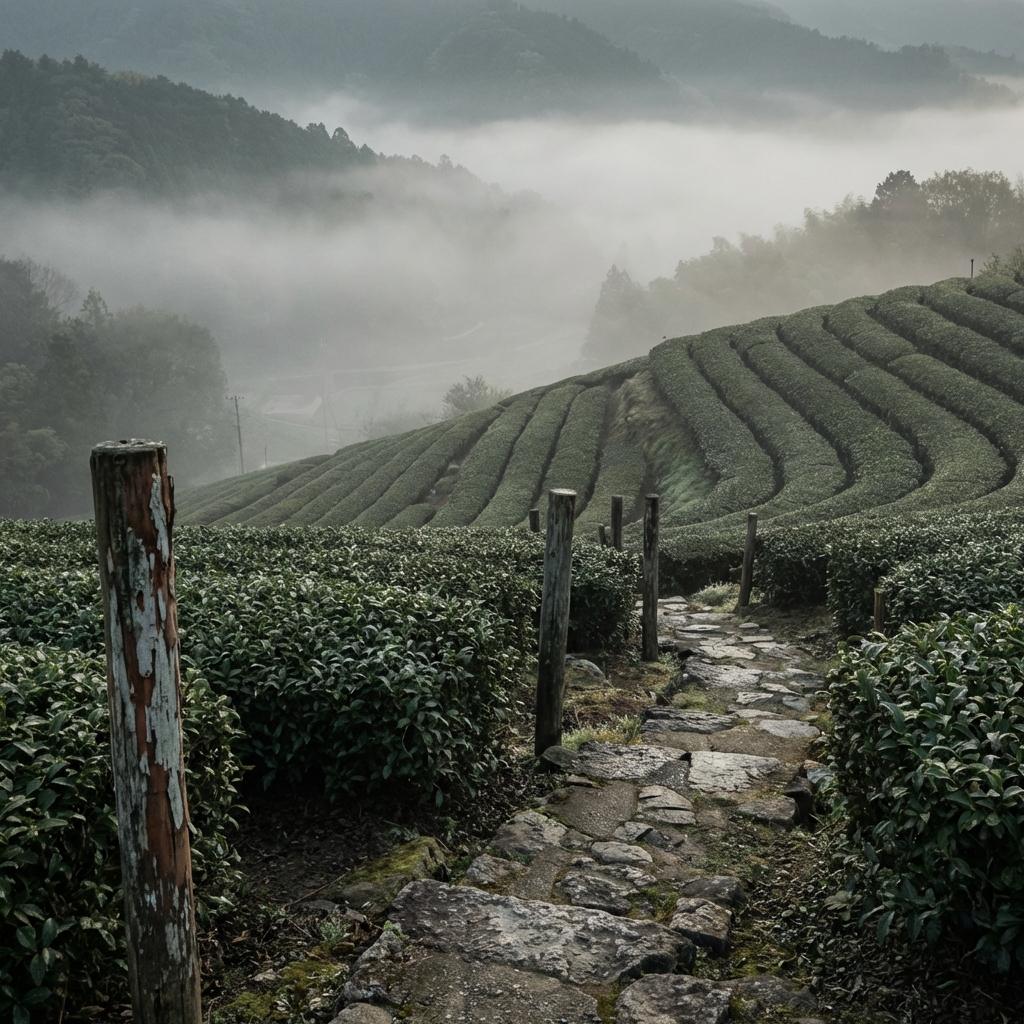 Chemin de pierre traversant les terrasses de thé japonais dans la brume