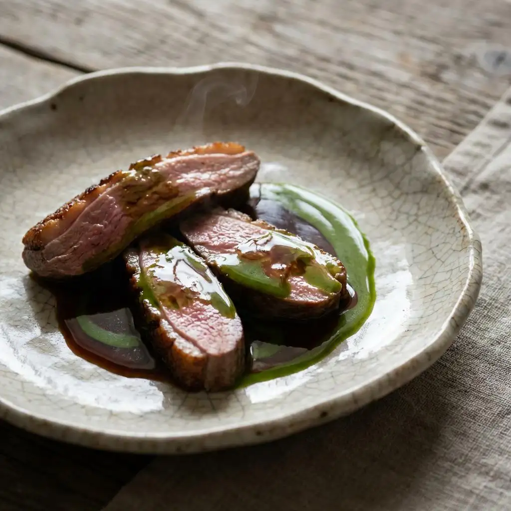 Magret de canard avec sauce matcha sur céramique wabi-sabi