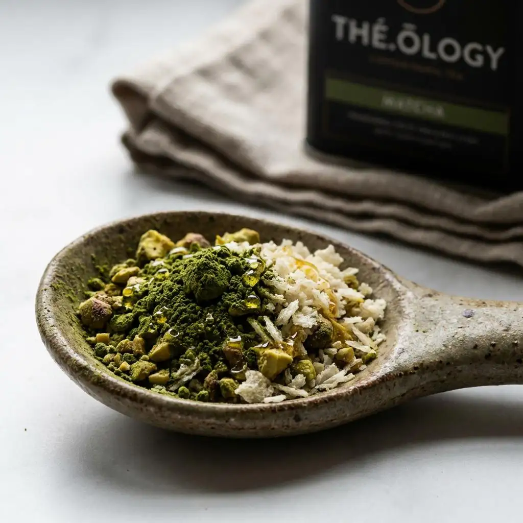 Cuillère céramique avec mélange matcha + pistache + panko