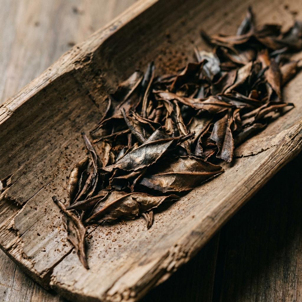 Feuilles de thé japonais torréfiées (Hojicha) sur plateau en bois ancien