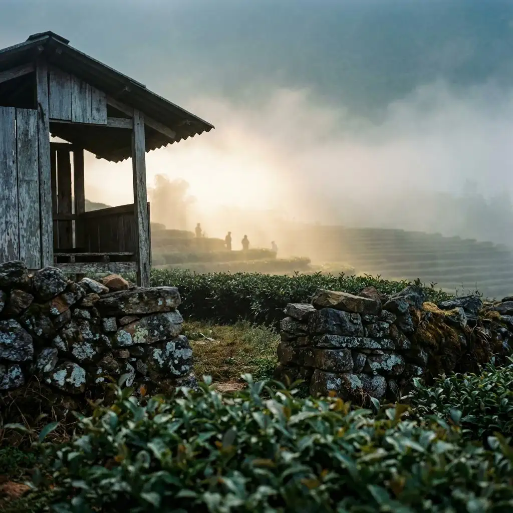 Terrasses de thé dans la brume matinale — abri en bois et muret de pierre