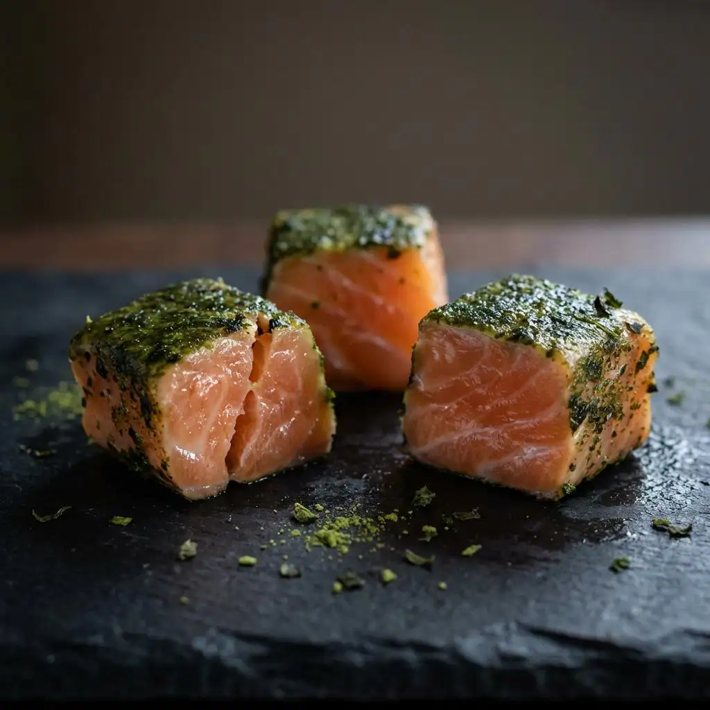 Cubes de saumon en croûte de matcha sur ardoise noire