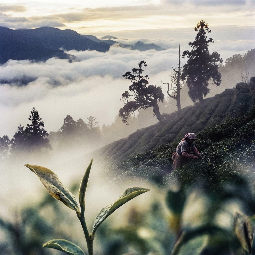 Plantation de thé japonais dans la brume