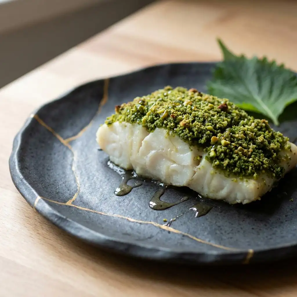 Cabillaud en croûte de matcha et pistaches sur assiette kintsugi