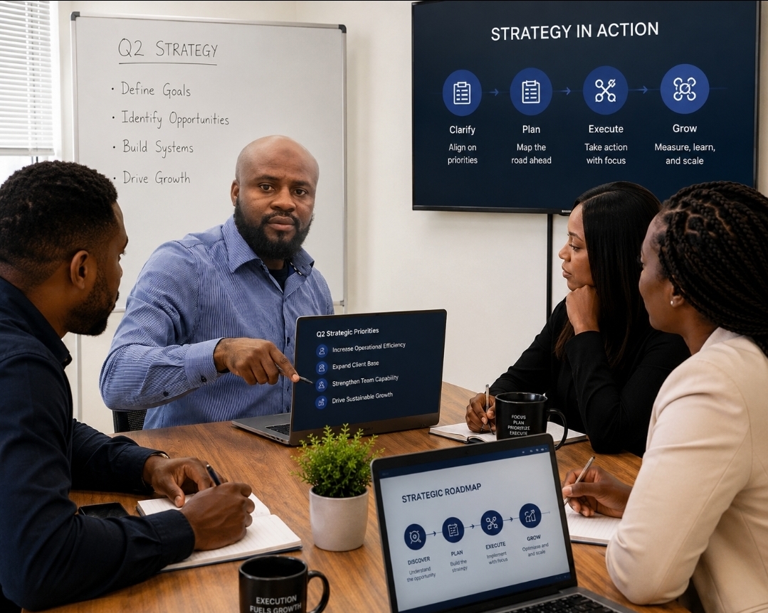 Strategy meeting — Q2 priorities presentation with team around conference table, whiteboard and laptops showing strategic roadmap