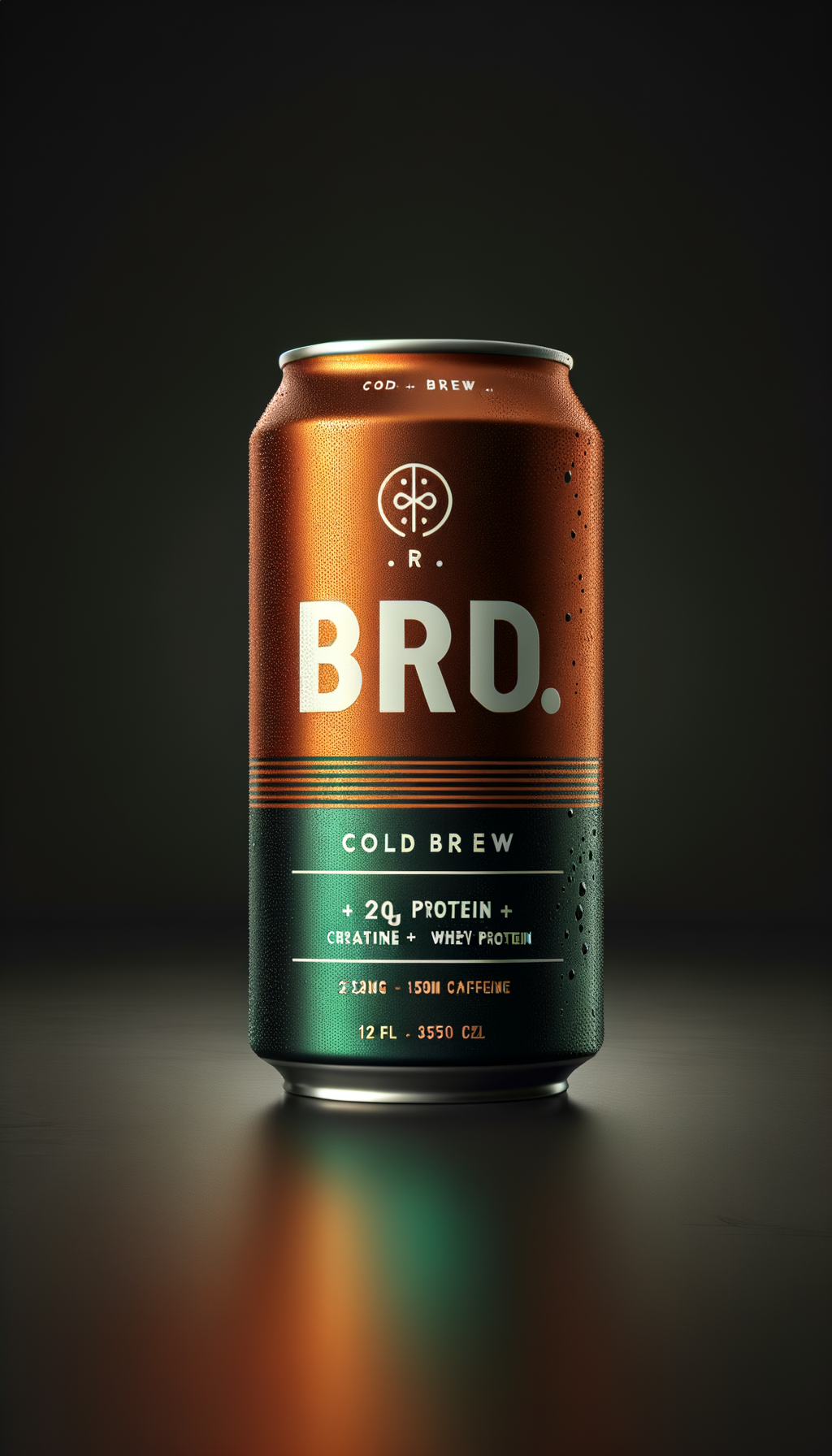 Cold Bro 12oz can — burnt orange aluminum can with Cold Bro branding, cold brew coffee with 20g protein, 5g creatine, and 150mg caffeine