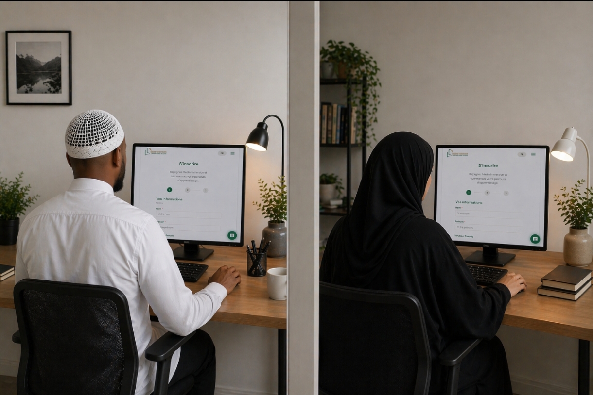 Deux apprenants devant la page S'inscrire de MedinImmersion