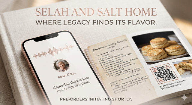 Heirloom book spread laid open on linen cloth with biscuit photography, handwritten recipe card, and gold-framed QR code