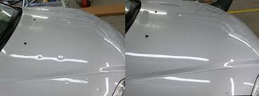 Before and after paintless dent repair showing smooth hood restoration