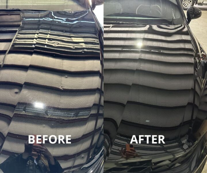 Before and after hail damage repair on vehicle hood - dark paint restored to mirror finish