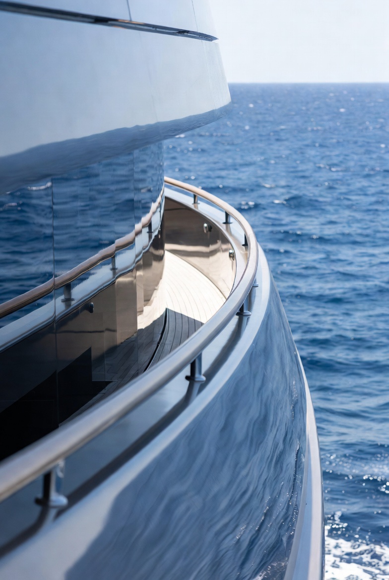 Superyacht side railing system along hull — custom stainless fabrication