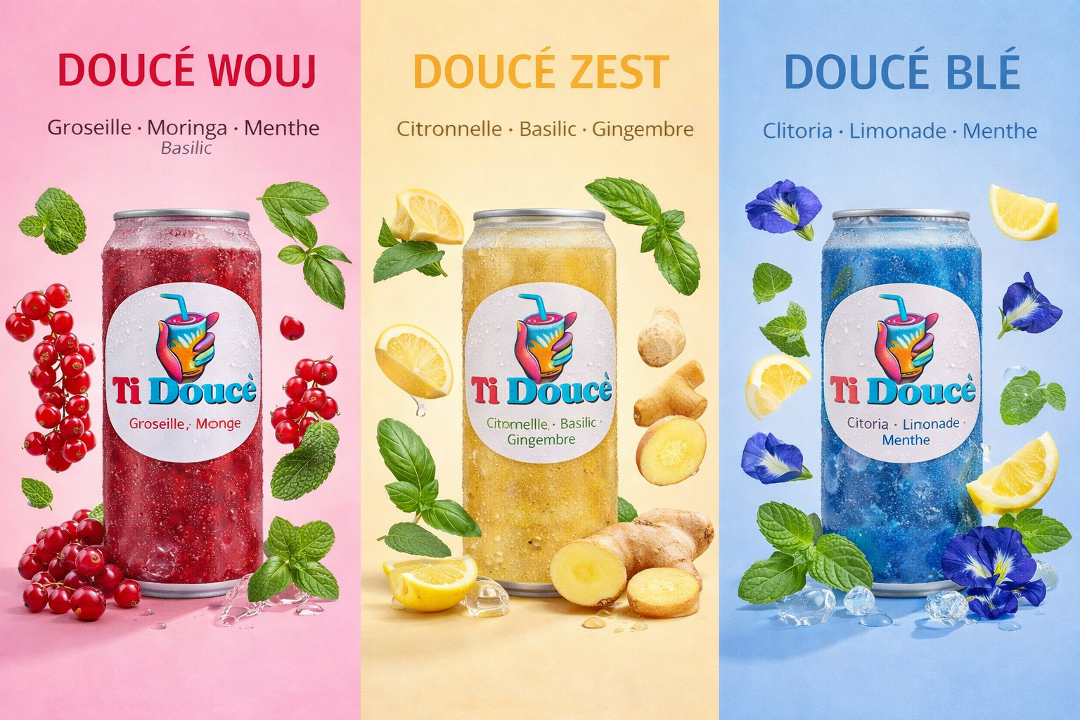Les 3 saveurs Ti Douc&egrave; : Douc&eacute; Wouj, Douc&eacute; Zest, Douc&eacute; Bl&eacute;
