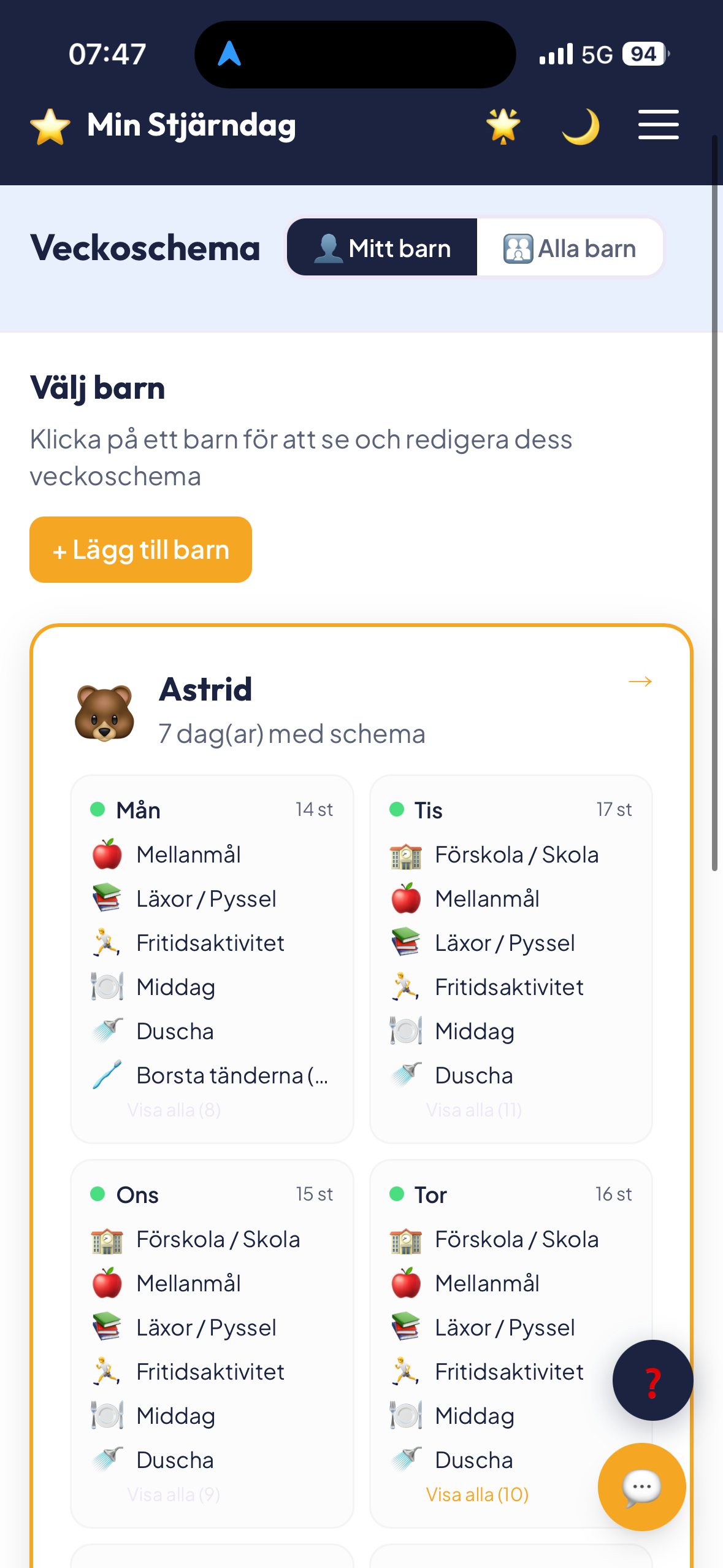 Visuellt veckoschema per barn med aktiviteter varje dag — familjeschemaläggning med bildstöd