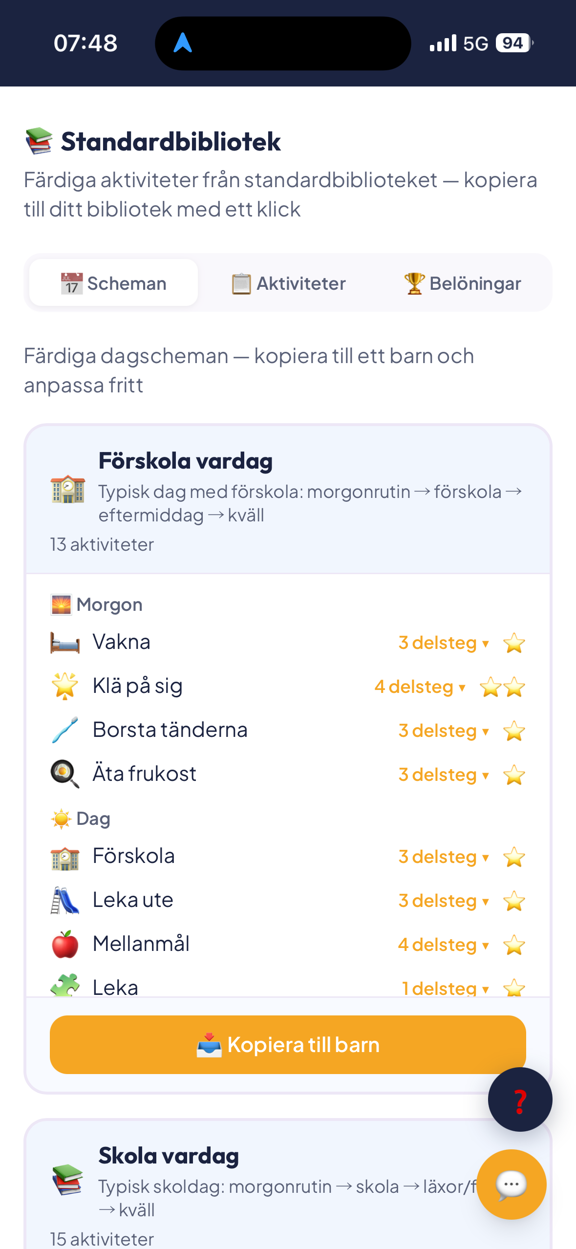 Bibliotek med färdiga dagscheman och aktivitetsmallar — kom igång snabbt med Min Stjärndag