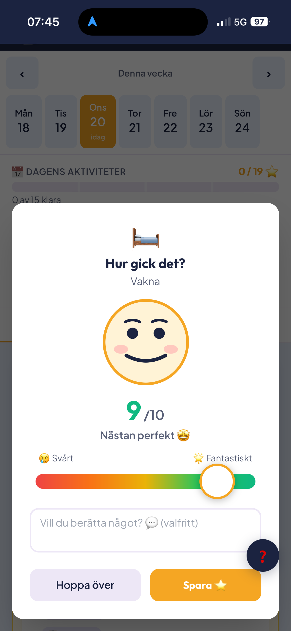 Känsloregistrering i dagligt schema — barnet betygsätter hur aktiviteten gick med emoji
