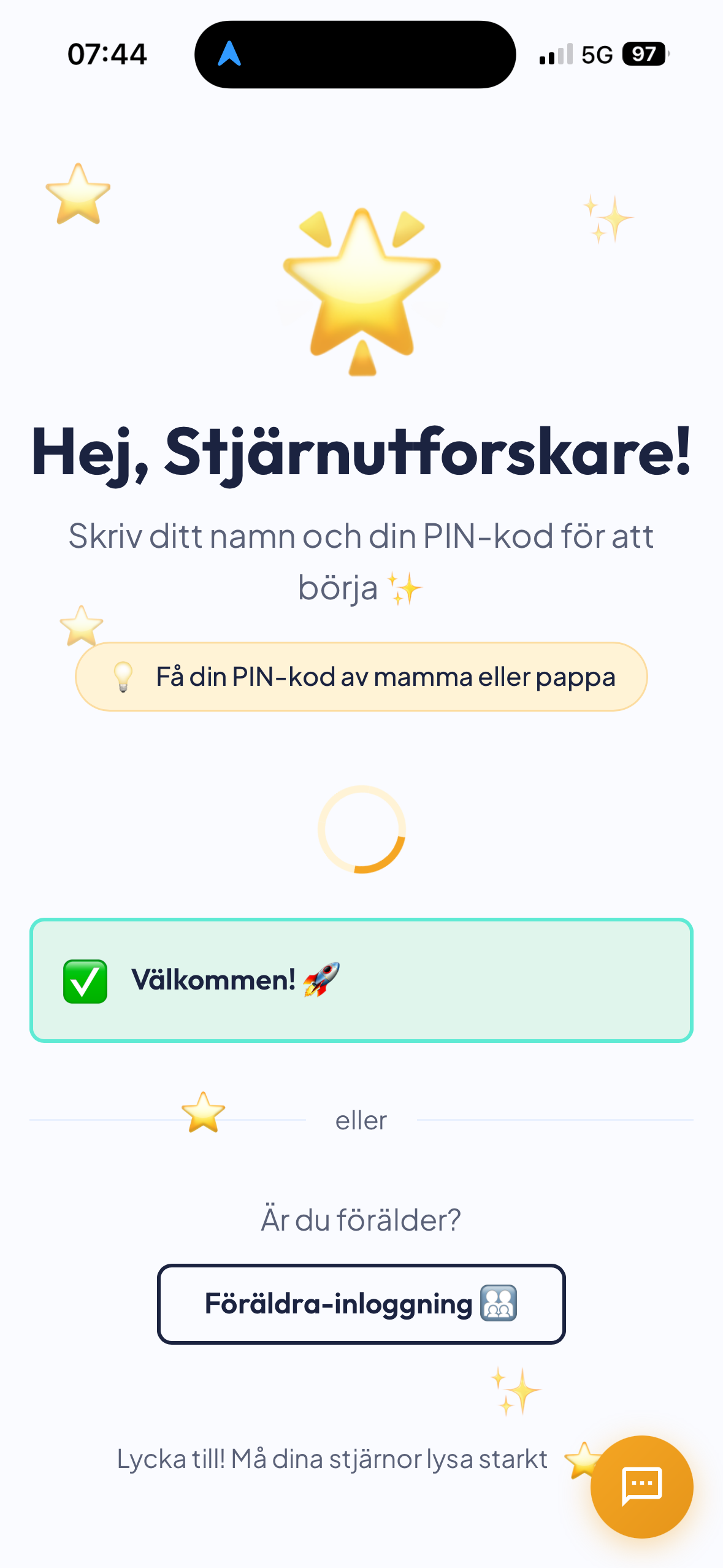 Positiv välkomstskärm för barn efter inloggning i Min Stjärndag