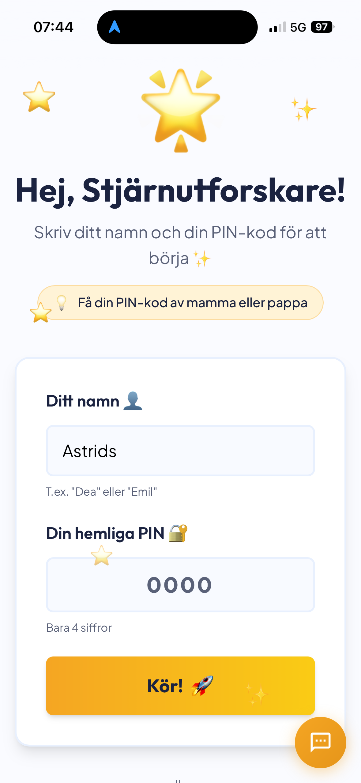 Barnvänlig inloggning med namn och PIN-kod i Min Stjärndag — schemaapp för barn med ADHD