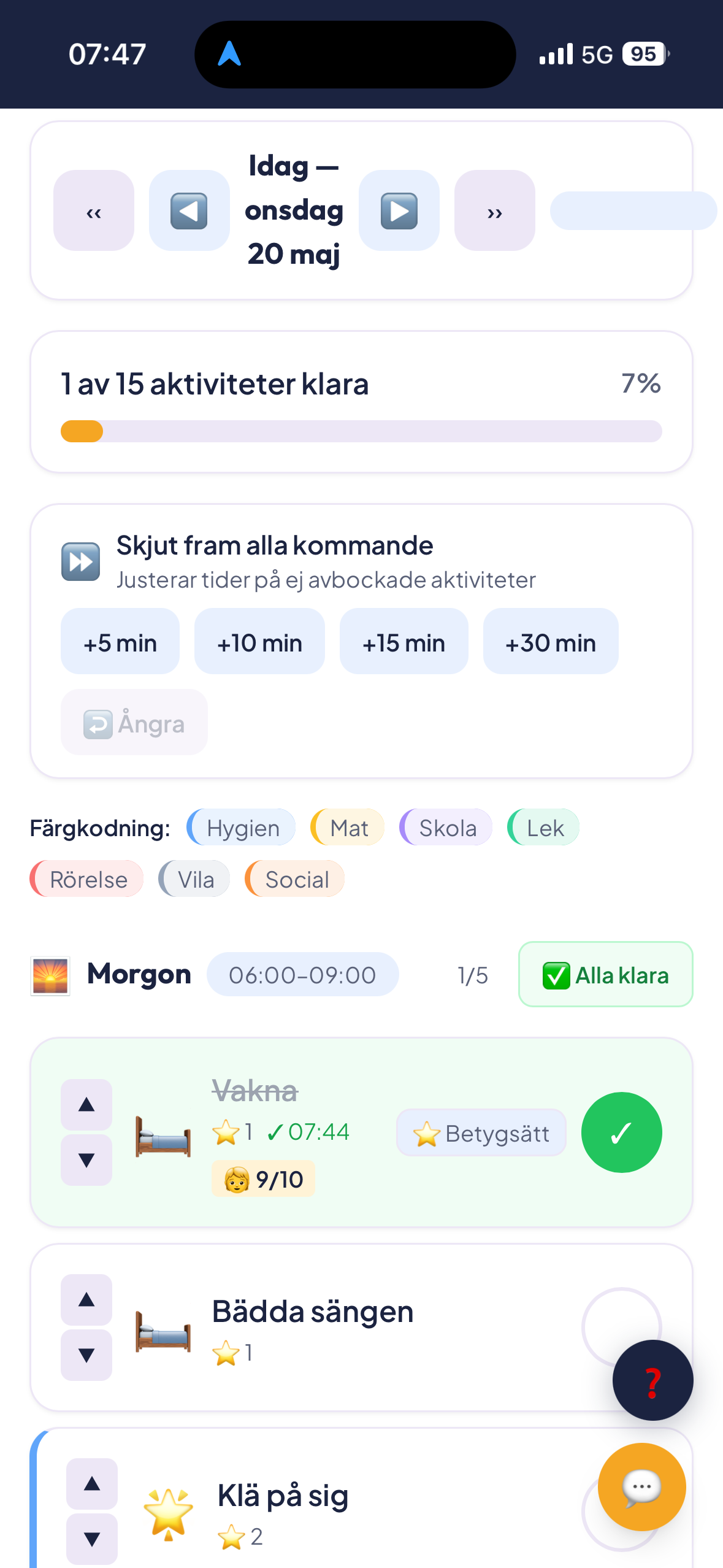 Dagschema med färgkodade aktiviteter, betygsättning och tidshantering i Min Stjärndag