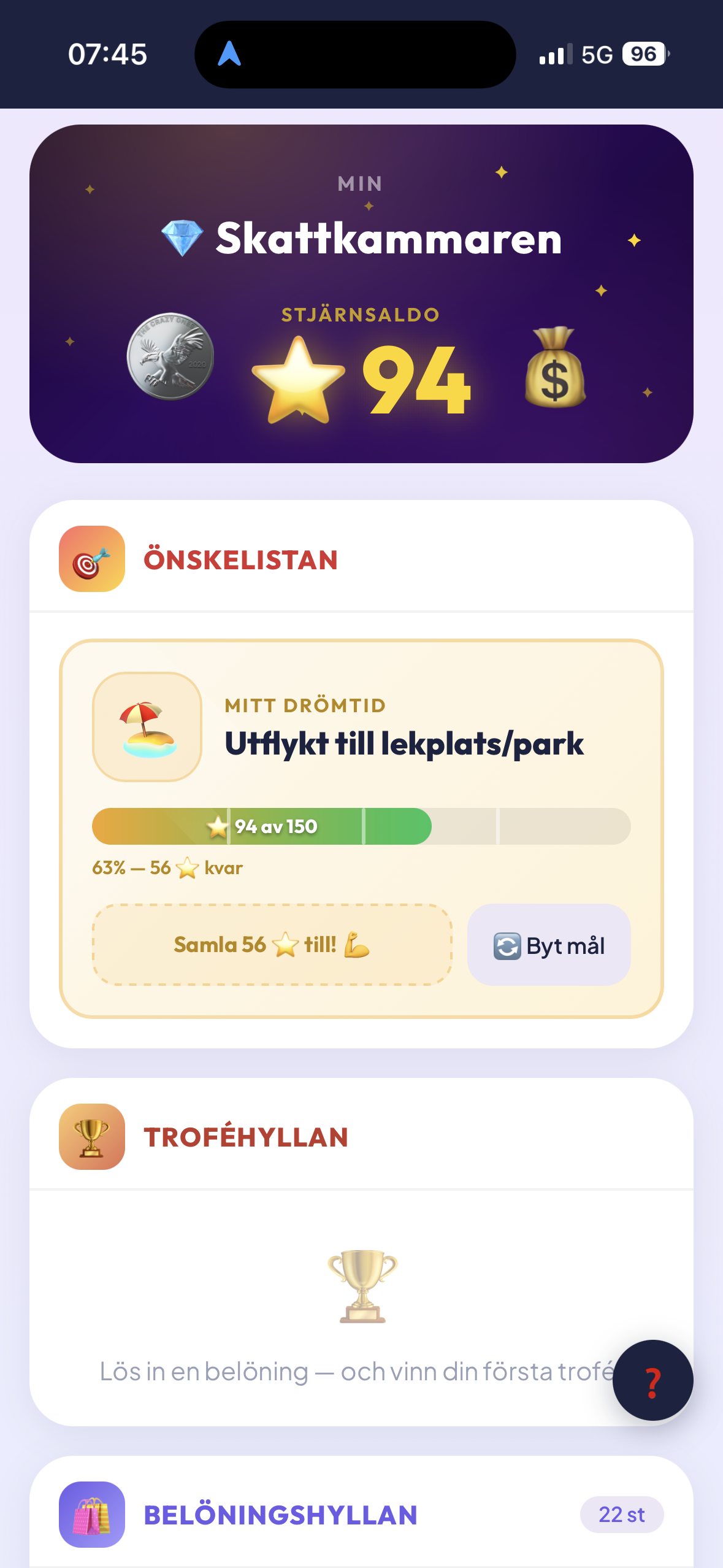 Skattkammaren i Min Stjärndag — belöningssystem med stjärnor, önskelista och troféer för barn