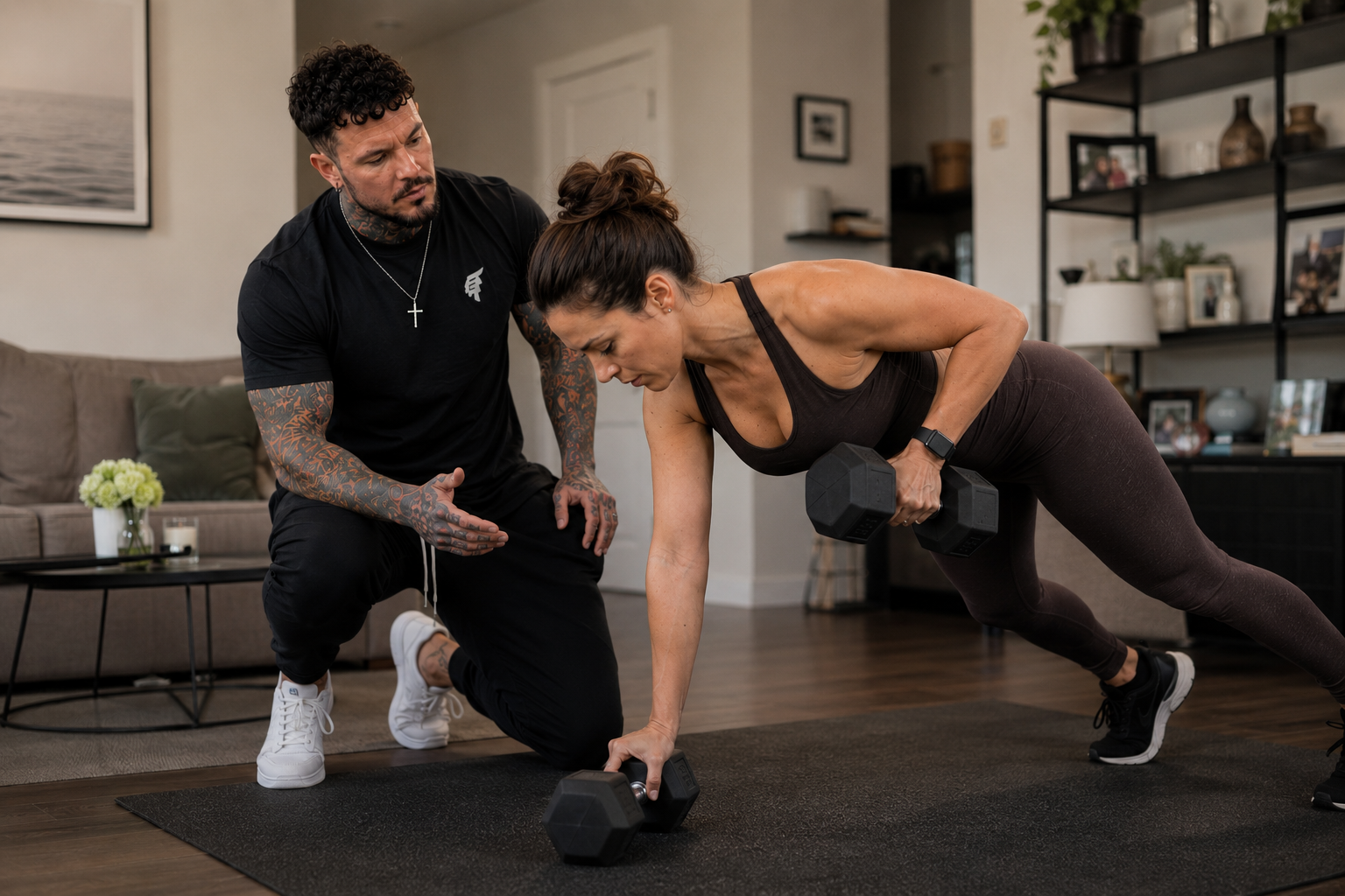 Dave coaching client — dumbbell rows, home setting