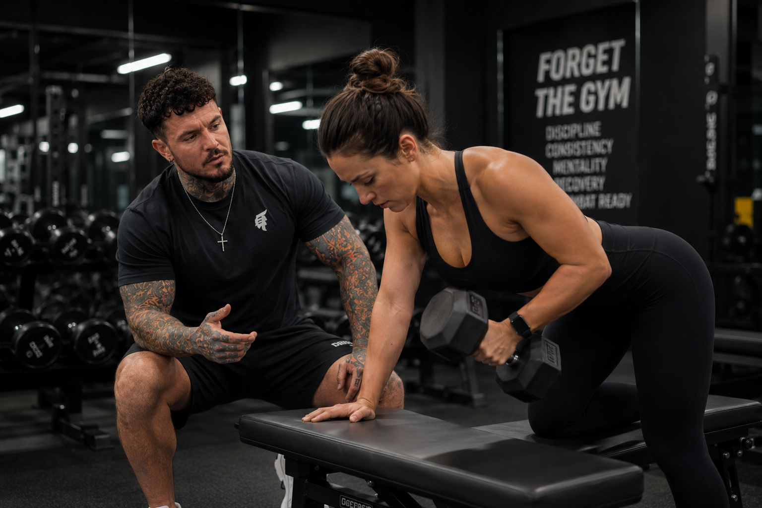 Dave coaching female client — dumbbell rows