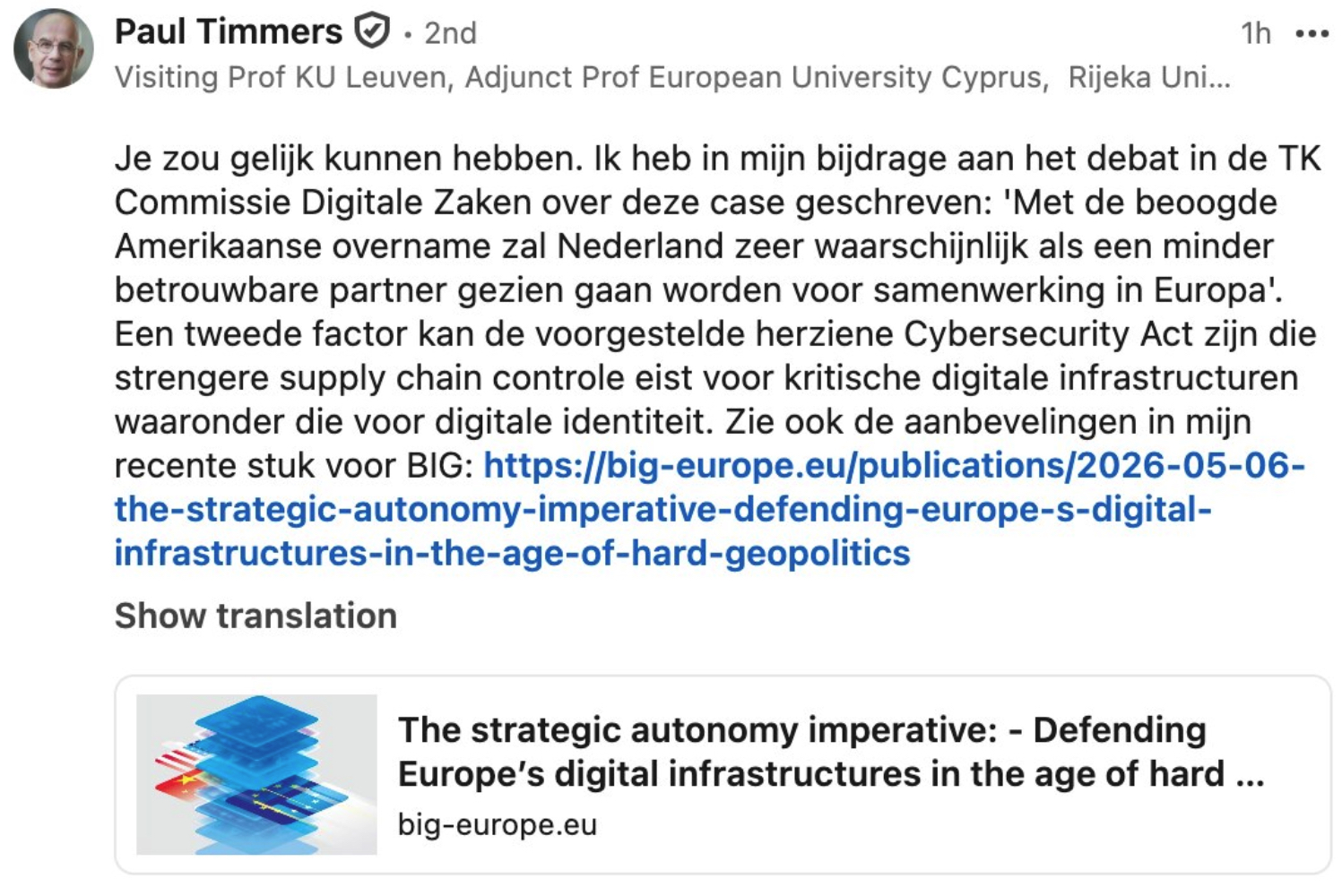 Reactie Pault Timmers op Linkedin publicatie van auteur